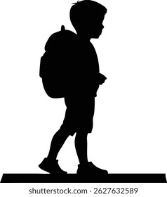 A side view image captures a silhouette of a young boy with a backpack, walking forward on a small step, creating a stark and minimalist depiction.
