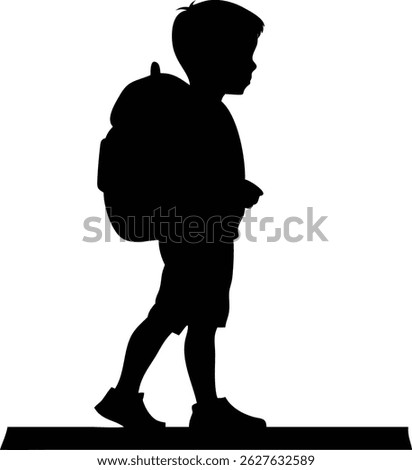 A side view image captures a silhouette of a young boy with a backpack, walking forward on a small step, creating a stark and minimalist depiction.