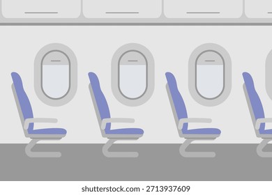 Vista lateral do interior de uma cabina de avião com filas de assentos e vigias de estilo plano.