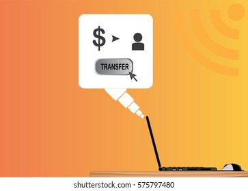 a side view of internet-connected computer being push the transfer button. describe one of the functions of the Internet payment. suitable for business background and presentation.