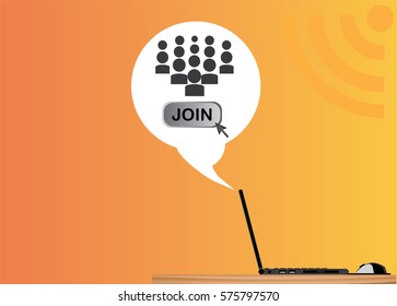 a side view of internet-connected computer being push the join button. describe one of the functions of the Internet to join a community. suitable for business background and presentation.