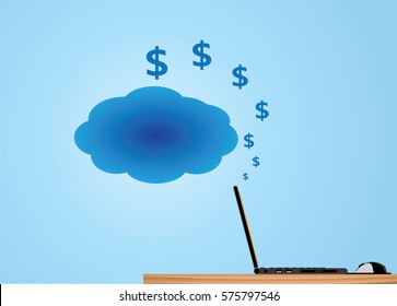 a side view of internet-connected computer was to make money and keep it in a savings account bank. suitable for business background and presentation.