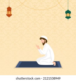 Vista Lateral Del Hombre Islámico Ofreciendo Namaz (Oración) En El Mat Y Farolillos Árabes Sobre El Fondo Del Patrón Islámico Naranja Con Espacio Para Copia.