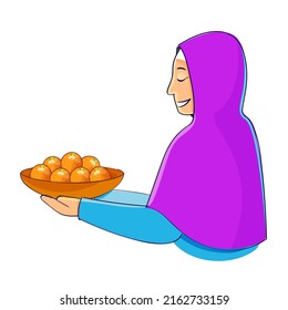 Side View Of Islamic Woman Holding Laddu (Sweet Balls) Plate On White Background.
