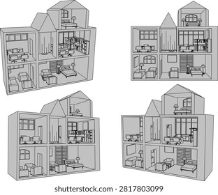 Side view and isometric angles of a cute pink dollhouse toy set featuring fully furnished miniature rooms for children playroom graphic assets
