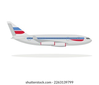Icono aislado del avión de reacción de visión lateral. Aeronaves de pasajeros, logística de terminales de aviación, ilustración de aerolíneas comerciales.