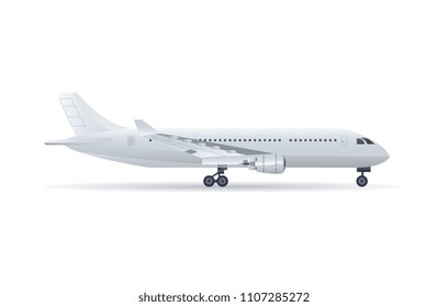 Side view jet airplane on the ground isolated vector icon. Passenger aircraft, air transportation, commercial airline vector illustration.