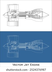 Side view Jet Engine technical drawing blueprints. plane machine isolated in transparent background