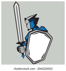 Side View Knight Wearing Fantasy Medieval Techno Blue colored Full body Armor Holding Sword and Shield