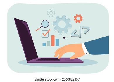 Side View Of Laptop With Coding Signs Vector Illustration. Male Hand On Computer. Software Concept For Banner, Website, Landing Page