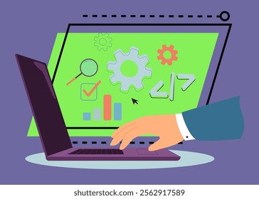 Side view of laptop with coding signs vector illustration. Male  hand on computer. Software concept for banner, website, landing page