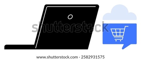 Side view of a laptop next to a blue speech bubble featuring a shopping cart icon beneath a cloud. Ideal for e-commerce, online shopping, cloud storage, digital marketing, virtual stores, internet