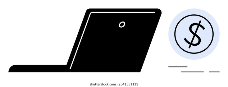 Vista lateral de um laptop ao lado do ícone de cifrão em um círculo azul. Ideal para comércio eletrônico, serviços bancários on-line, gerenciamento financeiro, transações virtuais e negócios digitais. Estilo moderno minimalista
