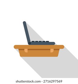 Side view of a laptop standing on a wooden school desk, representing learning and technology in education 