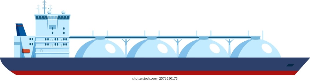 Side view of a large LNG tanker ship sailing across blue waters, transporting liquefied natural gas. Representing global trade and energy dynamics in the maritime industry