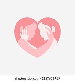 Side view of lesbian couple caressing each other inside heart shaped frame flat silhouette
