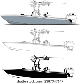 Side view line drawing of sea fishing boat Black and white art treatment.