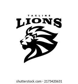 Side view lion head mascot logo design. Line art vector illustration
