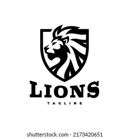 Side view lion head and shield emblem logo design. Line art vector illustration