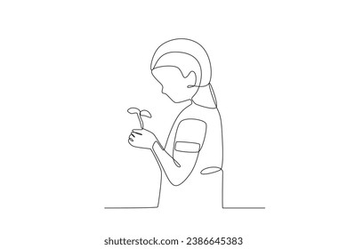 Side view of a little girl holding a tree bud. World enviromental education day one-line drawing