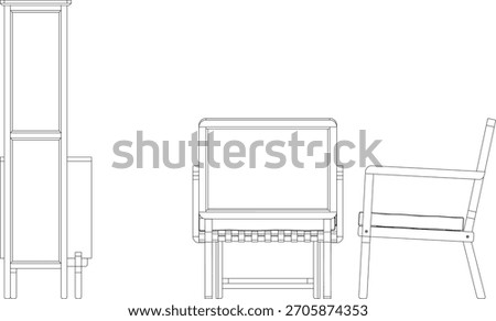 Side view of the living room set showing the profile of the armchair, two-seater sofa, coffee table, and the vertical structure of the tall shelving unit.