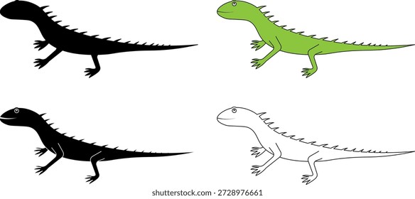 Seitenansicht Lizard iguana Symbol in Umriss, Silhouette und farbigen Stilen für Tier-und Naturthemen gesetzt