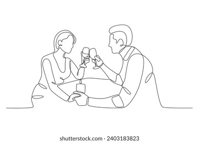Side view of lovers having dinner. Candle light dinner one-line drawing