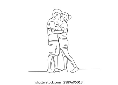 Side view of lovers hugging each other. National hugging day one-line drawing