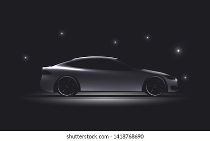 Side View Luxury Car Silhouette On Dark Background. Glowing Electric Car Silhouette. Vector Illustration.