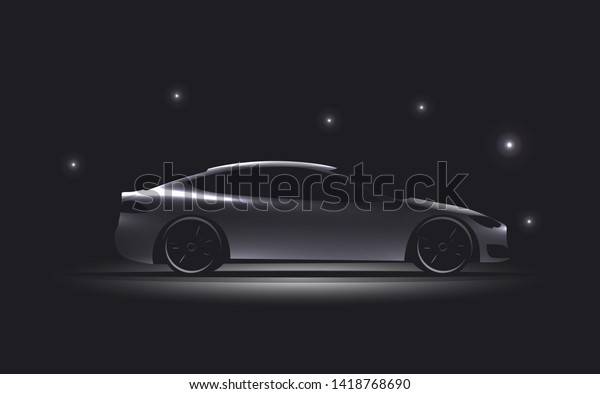 Side view luxury car\
silhouette on dark background. Glowing electric car silhouette.\
Vector illustration.