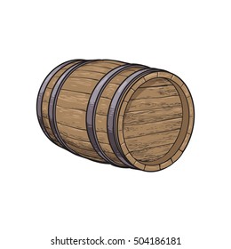 Side view of lying wooden barrel, sketch style vector illustrations isolated on white background. Wine, rum, beer classical wooden barrel, hand-drawn vector illustration, side view