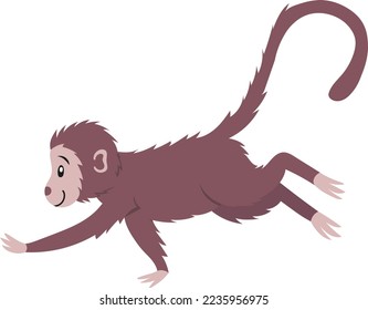 Side view of macaque with brown hair. Asian monkey isolated on white background. Exotic jungle animal running. Colored flat vector illustration for children.