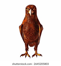 Side view of a majestic golden eagle in a detailed vintage vector style, standing with wings folded and sharp claws.