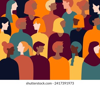 side view male and female characters of various nationalities. Society or population, social diversity.