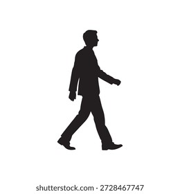 Modelo masculino de la vista lateral en estudio aislado en el fondo blanco con el canal alfa. Silueta de hombre de negocios en traje caminando.
