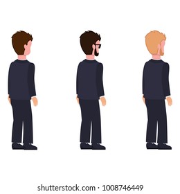 Side view males flat style, man constructor set of cartoon characters in classic suit, with different hairstyle and color, vector illustration isolated,