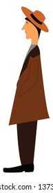 The side view of a man is in brown coat suit and wears a brown hat encompassed with black ribbon at its base has tucked his hands in pockets while standing vector color drawing or illustration 