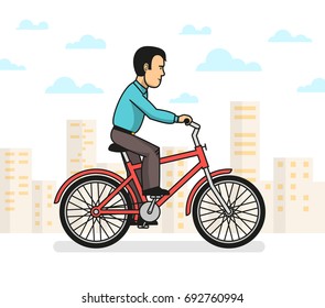 Side view of man in casual clothes taking a ride on red bike in city.  Vector illustration.