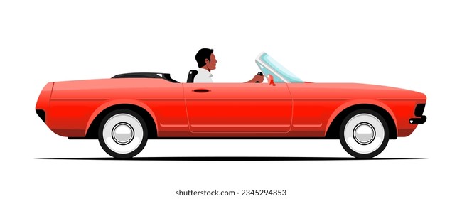 Side view, Man in classic car on isolated background, Vector illustration.