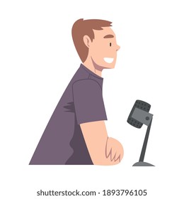 Side View of Man Doing Live Podcast with Microphone, Radio Host Communicating in Studio Cartoon Style Vector Illustration