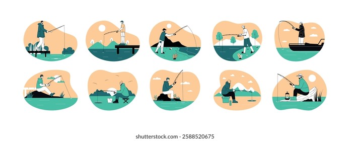 Side view of man fishing while sitting and standing, outline style, green and orange, vector illustration.