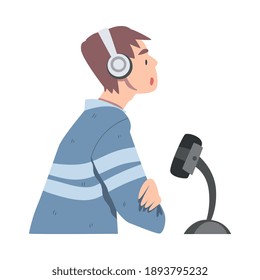 Side View of Man in Headphones Recording Audio Podcast with Microphone in Studio Cartoon Style Vector Illustration