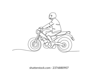 Side view of a man riding a motorcycle. Bikers one-line drawing