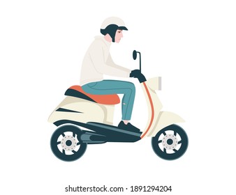 Side view of man riding white retro scooter cartoon character design flat vector illustration isolated on white background