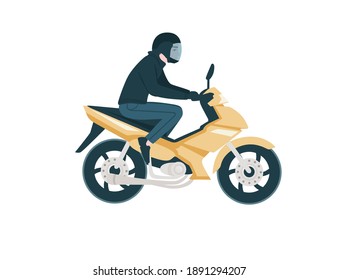 Side view of man riding yellow modern motorcycle cartoon character design flat vector illustration isolated on white background