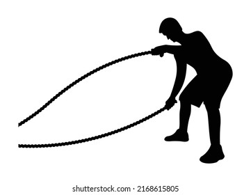Side view of man silhouette doing rope training isolated on white background. Vector illustration for web and printing.