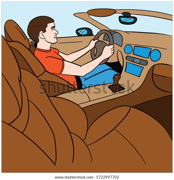 side
view of a man sitting and driving in the car. convertible, side
view, interior view, cartoon, vector
illustration.