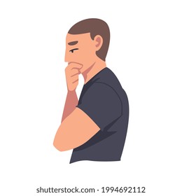 Side View of Man Thinking or Solving Problem, Portrait of Thoughtful Male Person Covering his Mouth with Fist Cartoon Vector Illustration