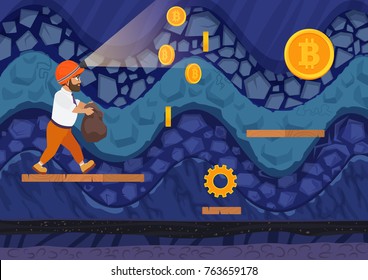 Side view of man walking with bag for bitcoins in mine. Cartoon game style vector illustration.