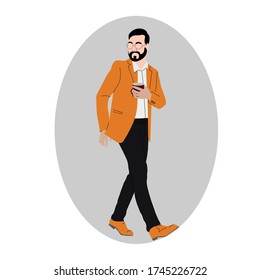 Side view of a man walking forward, turns back, with a cup of drink in his hand. Successful stylish man. Vector flat illustration isolated on white background.